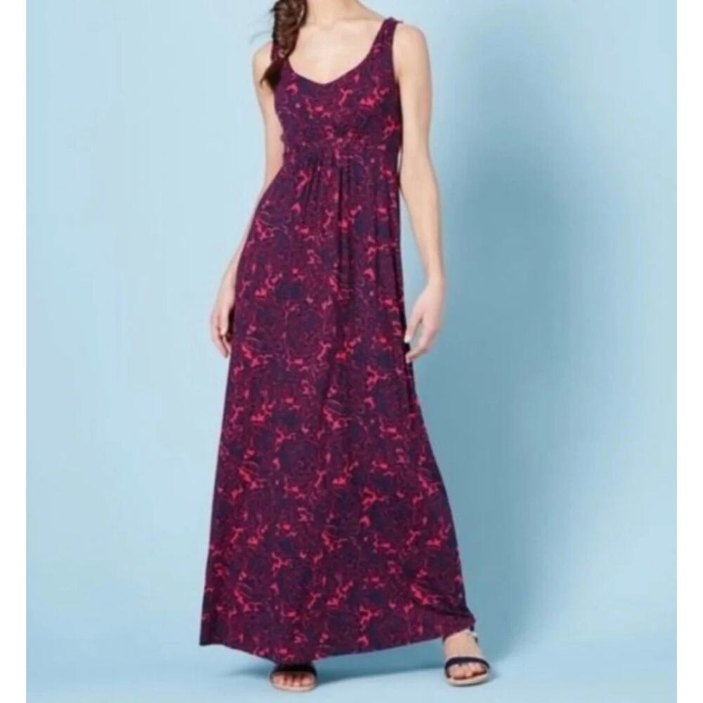 Boden Red and Navy Blue Paisley Sleeveless Maxi Dress Stretch Jersey 10R